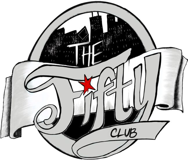 The Fifty Club hand-drawn Chicago skyline badge with grey ribbons and a red star